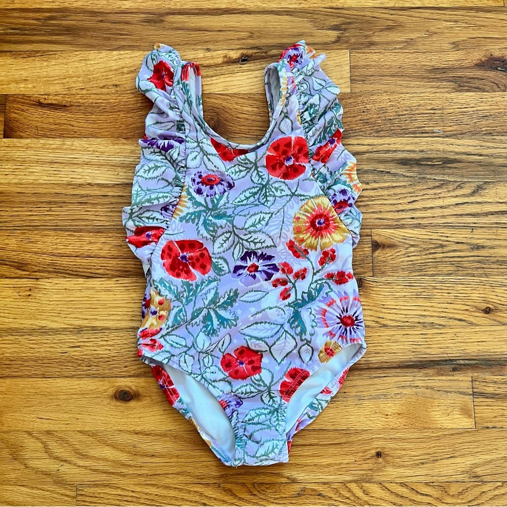 Gymboree Girls Floral Ruffle One-Piece Swimsuit Lavender Red Yellow Flowers 5/6